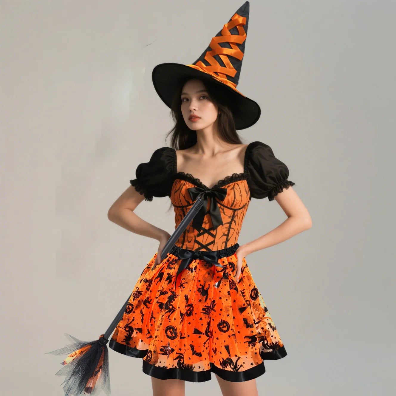 Halloween Adults Witch Costume Set Tulle Skirt Hat and Broom Complete Your Witch Look a Black Witch Hat and a Spooky Broom