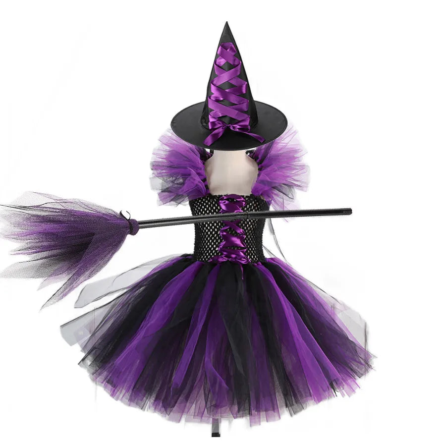 2 Pieces Witch Tutu Dress with Hat Girls All Saint's Day Bruja Wizard Costume Role Play Toddler Halloween Party Fairy Witch Gown