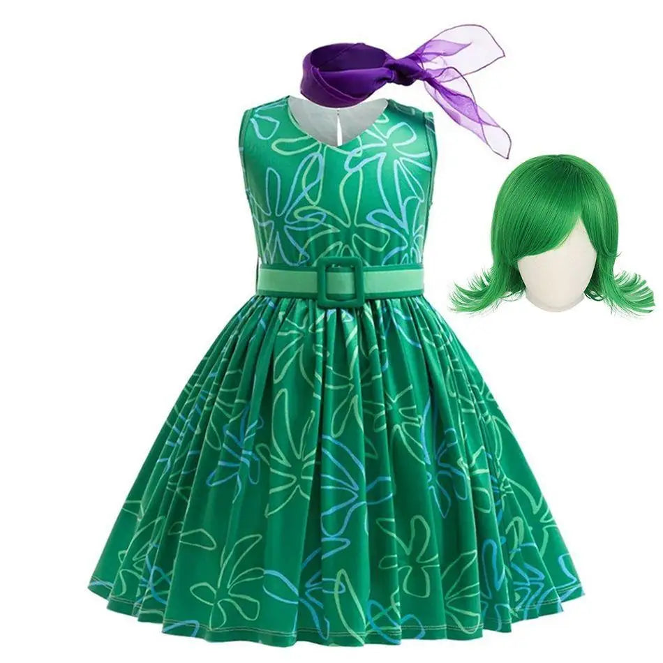 Joy Costume Children Green Printed Polyester Dress Halloween Party Costume for Girls Cute Cartoon Style Cosplay Wear