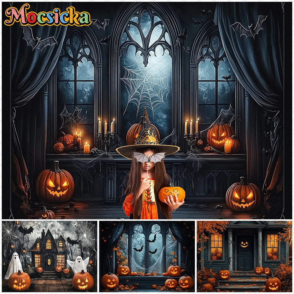 Mocsicka Halloween Backdrop Horror Ghost Bat Jack-O-Lantern Decorations Adult Child Kid Photo Background Holiday Party Wallpaper