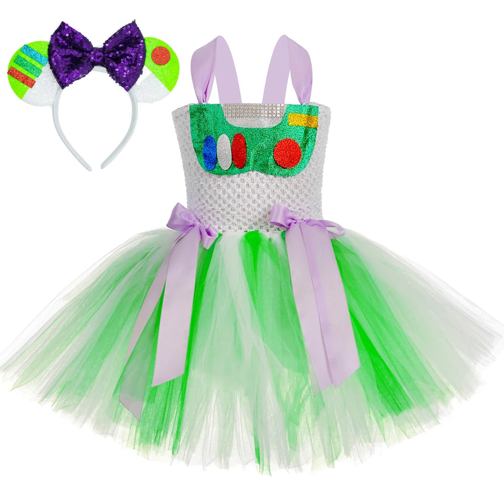 Girls Buzz Lightyear Tutu Dress Costume Kids Halloween Carnival Party Dresses Toddler Girls Cartoon Princess Dress Up Clothes