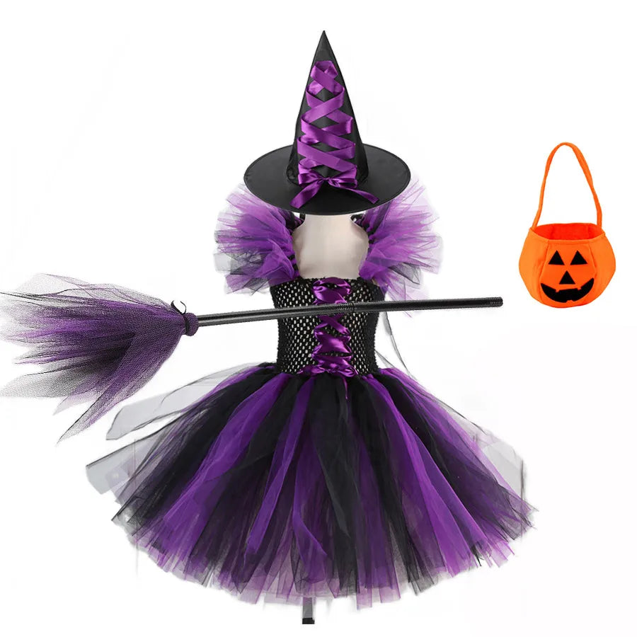 2 Pieces Witch Tutu Dress with Hat Girls All Saint's Day Bruja Wizard Costume Role Play Toddler Halloween Party Fairy Witch Gown