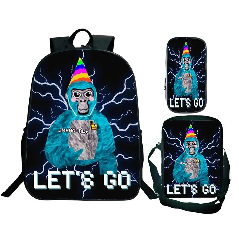 Gorilla Tag Backpack 3pc Set | Boys Cartoon School Bag with Shoulder Bag & Pencil Case