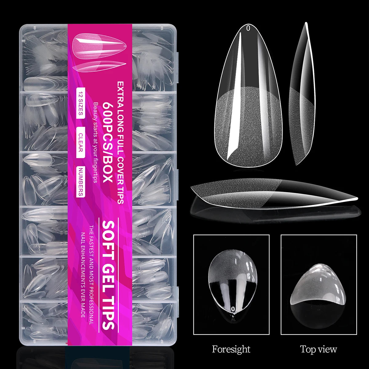 Clear Almond Press-On Nail Tips — Short Soft Gel Full Cover Set