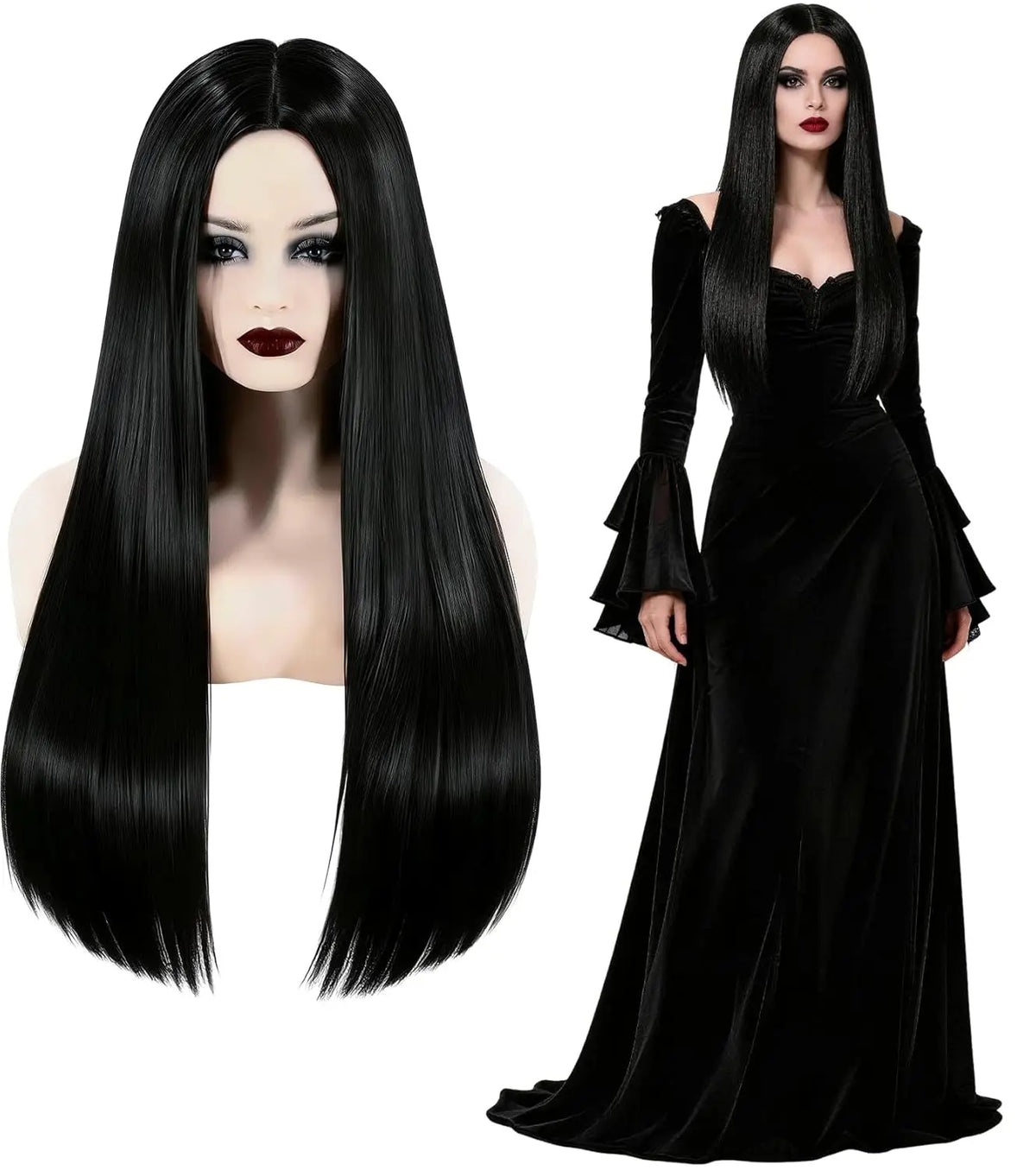 Synthetic Wigs Long Black Wig for Morticia Addams Costume, Cher Costume Halloween Wig for 70s Party Witch Costume Wig for Women