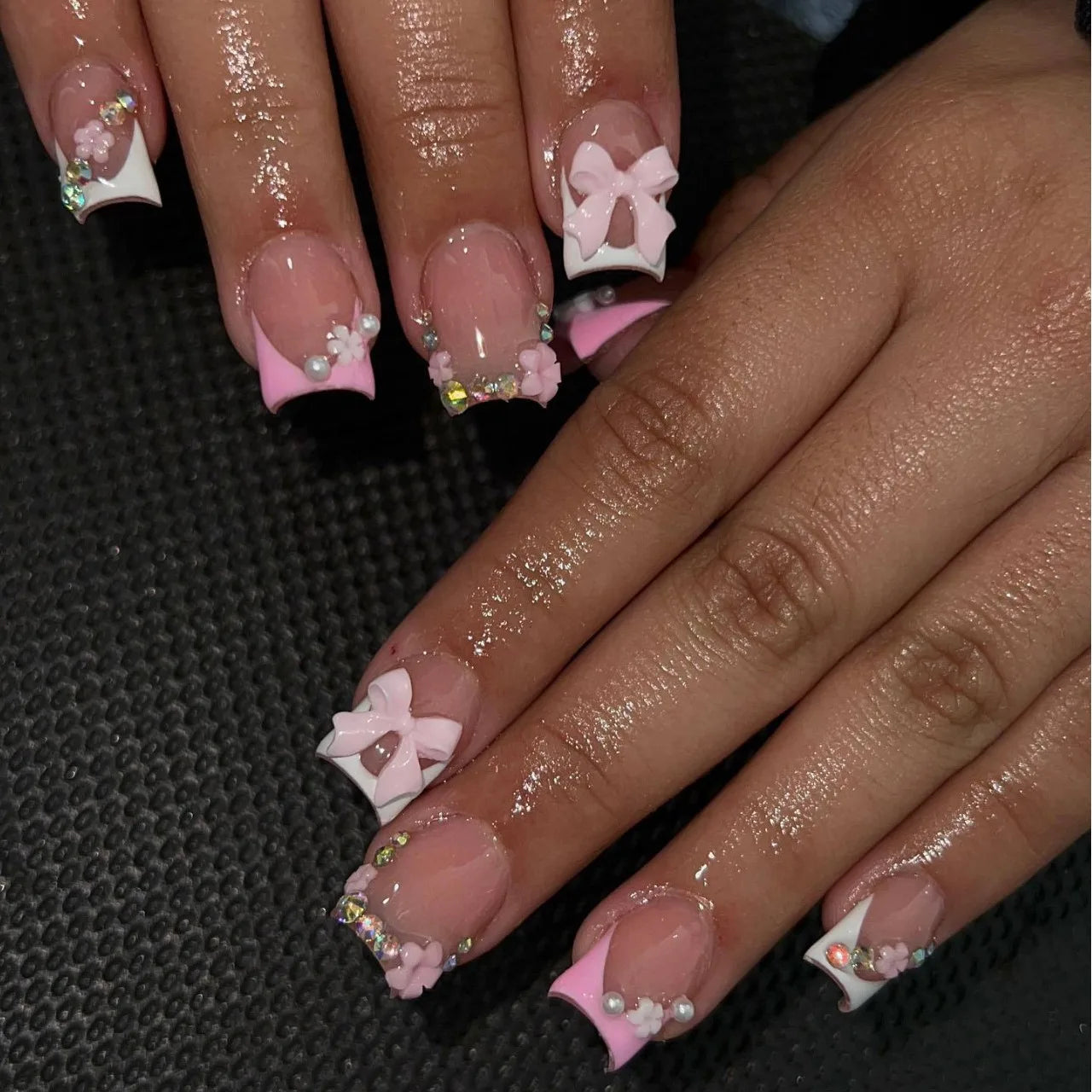 Star Chain Rhinestone Press-On Nails — French Square Tips (24pc Set)