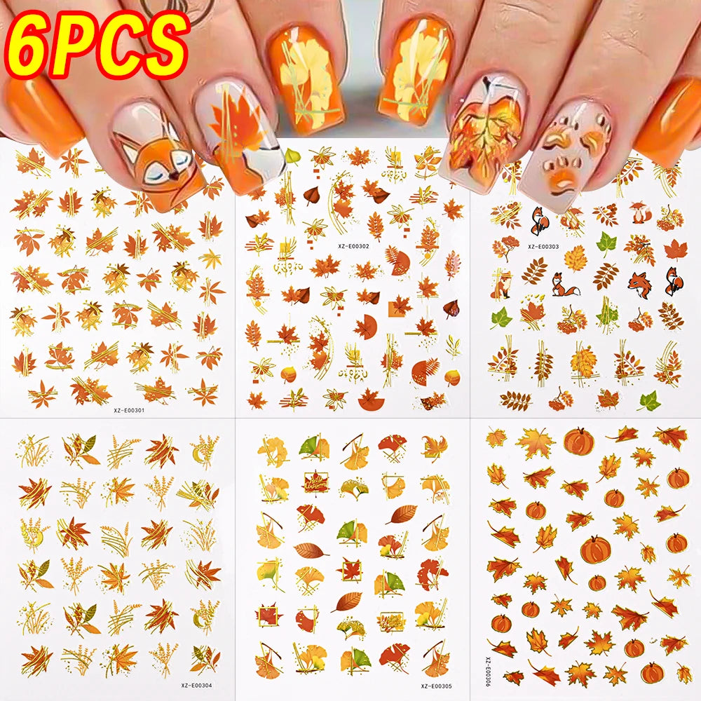 6/12Pcs 3D Halloween Maple Leaf Pumpkin Nail Stickers Ginkgo Leaves Fox Adhesive Decals Thanksgiving Autumn Manicure Decorations