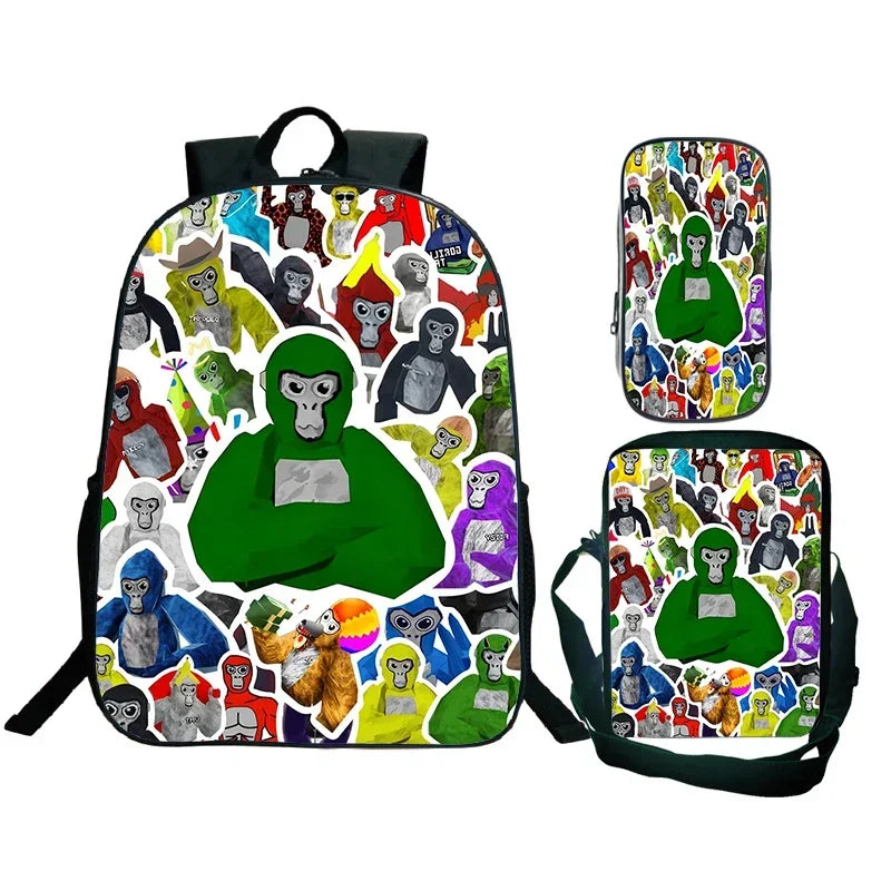 Gorilla Tag Backpack 3pc Set | Boys Cartoon School Bag with Shoulder Bag & Pencil Case