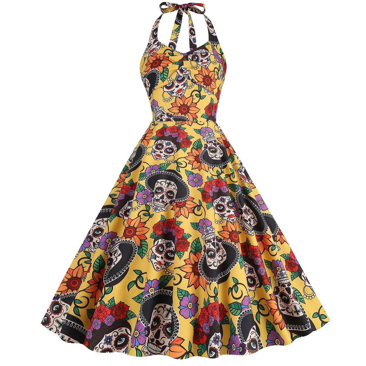 Halloween Costumes for Women Skull Print Halter Dress Sleeveless Tunic Vintage Party Dresses Goth Clothes Masquerade Vestidos