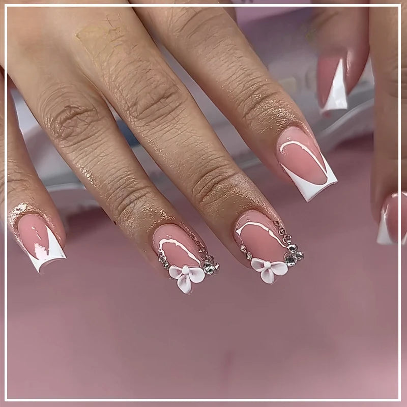 Star Chain Rhinestone Press-On Nails — French Square Tips (24pc Set)