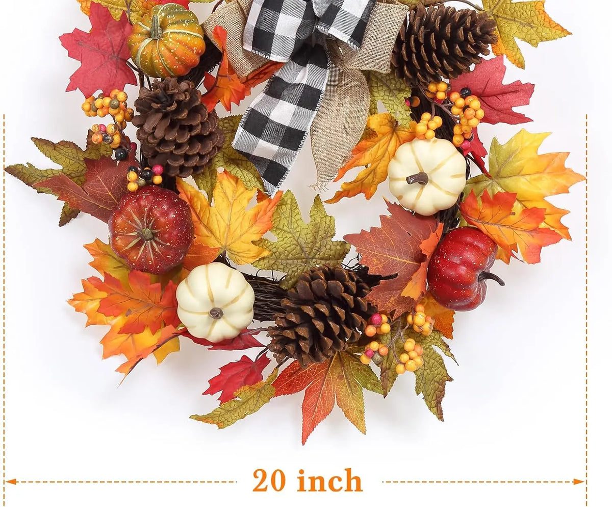 Garvee 20Inch Halloween Pumpkins Fall Wreath Artificial Flower Wreath for Front Door Outside Fall Decorations for Home Large Autumn Wreath with Bow Pumpkin Thanksgiving
