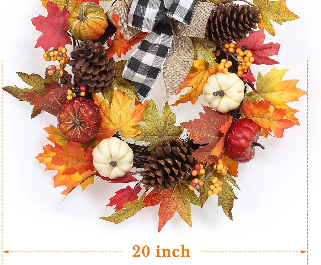 Garvee 20Inch Halloween Pumpkins Fall Wreath Artificial Flower Wreath for Front Door Outside Fall Decorations for Home Large Autumn Wreath with Bow Pumpkin Thanksgiving