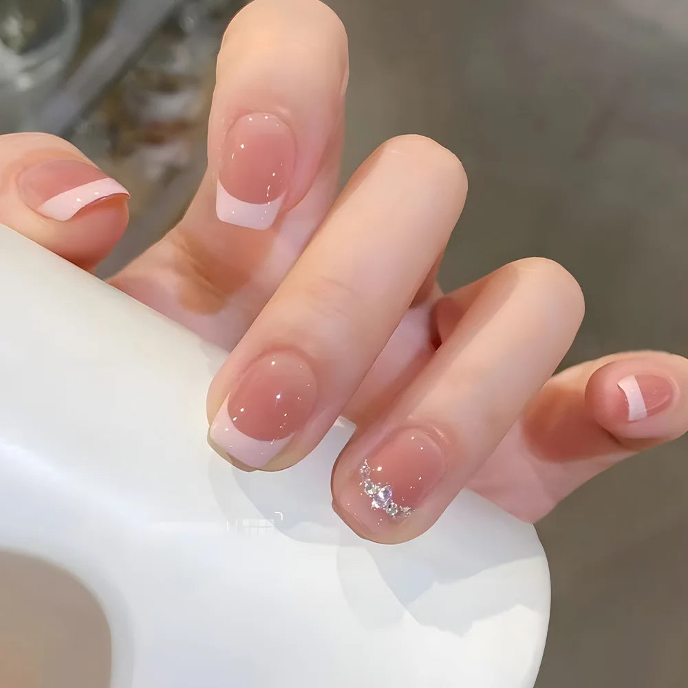 Star Chain Rhinestone Press-On Nails — French Square Tips (24pc Set)