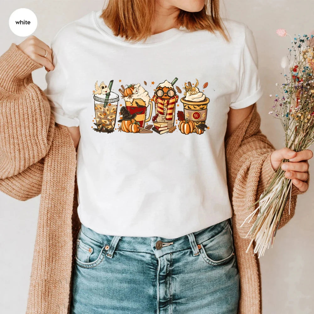 Halloween Horror Coffee T-shirt HP Wizard Fall Shirt Pumpkin Spice Magic 9 3/4 Always Women Graphic Tees Coffee Lover Clothes