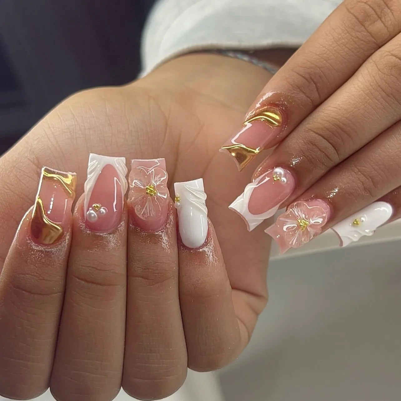 Star Chain Rhinestone Press-On Nails — French Square Tips (24pc Set)