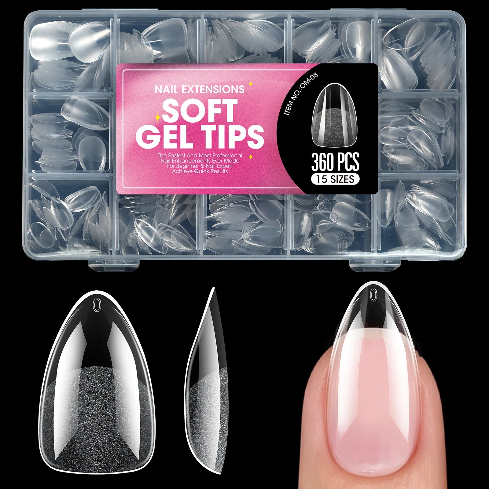 Clear Almond Press-On Nail Tips — Short Soft Gel Full Cover Set