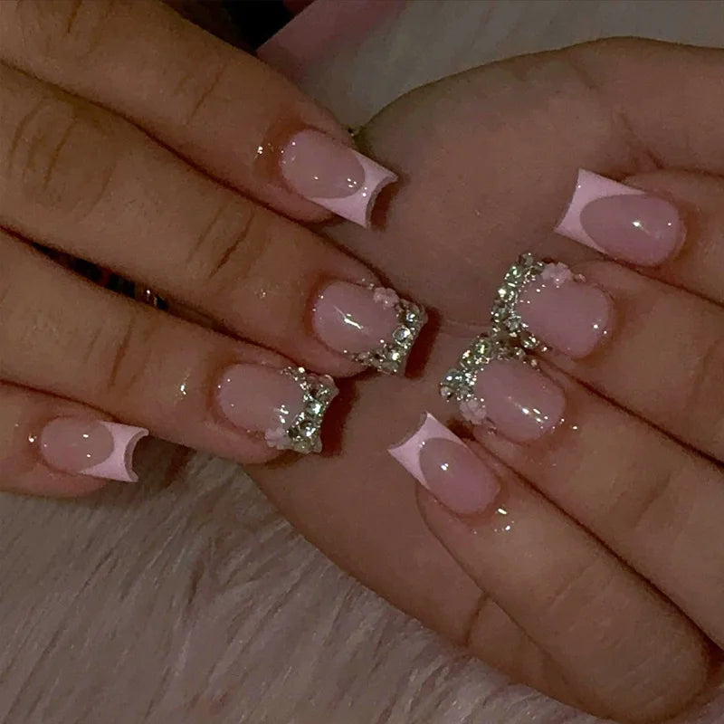 Star Chain Rhinestone Press-On Nails — French Square Tips (24pc Set)