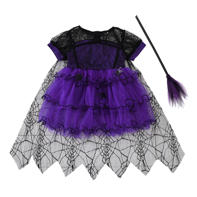 2-7Y Halloween Witch Cosplay Party Dress Cute Spider Mesh Cape Clothes Halloween Costumes for Baby Carnival Party Gifts