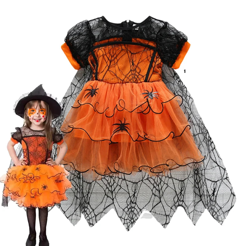 2-7Y Halloween Witch Cosplay Party Dress Cute Spider Mesh Cape Clothes Halloween Costumes for Baby Carnival Party Gifts