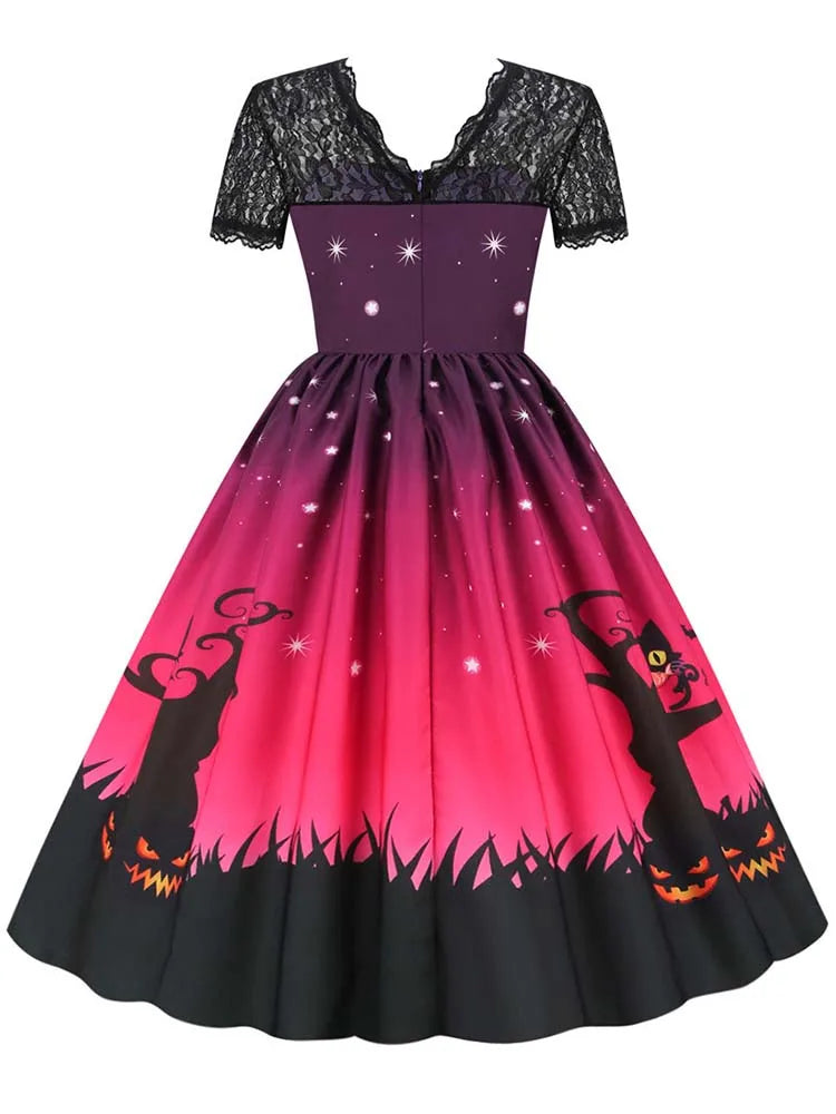 Women's Vintage Lace Halloween Dress Short Sleeve Elegant Evening Prom Costume 50s 60s Party Vintage Style