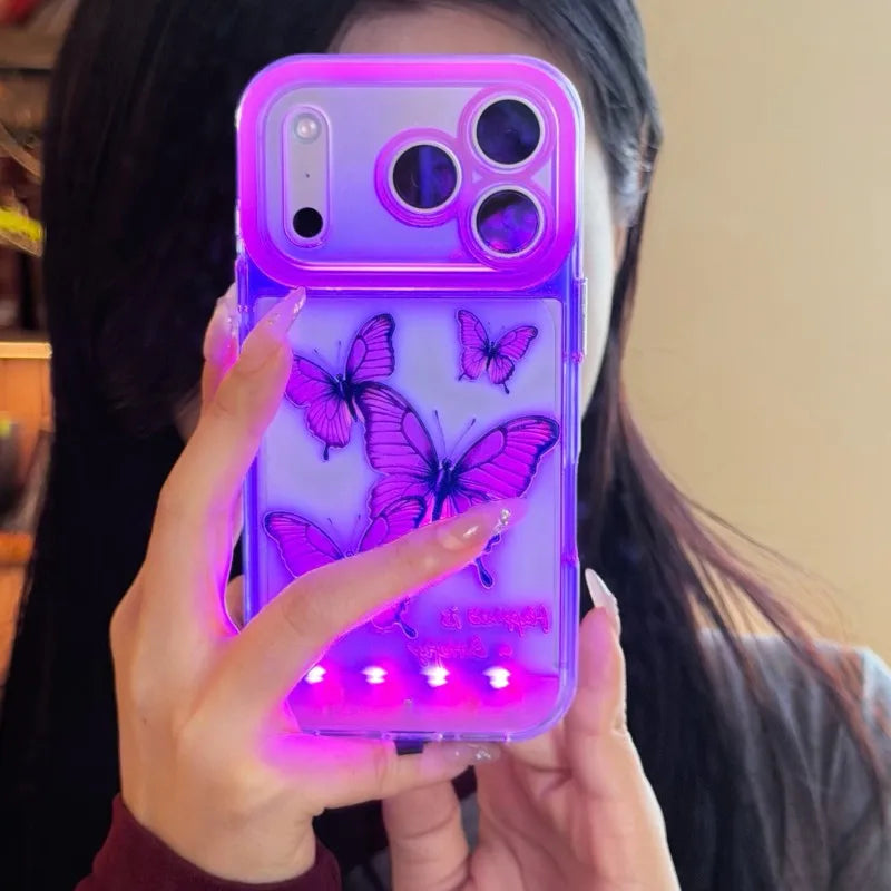 Change Color Luminous Call Light Up Purple Butterfly Pattern Phone Case For iPhone 16 15 13 12 11 14 17 Pro Max Plus Air X XSMax