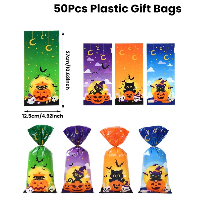 50Pcs Pumpkin Halloween Candy Bag Happy Halloween Party Decorations Kid Favors Gift Trick or Treat Candy Cookie Spider Ghost Bag