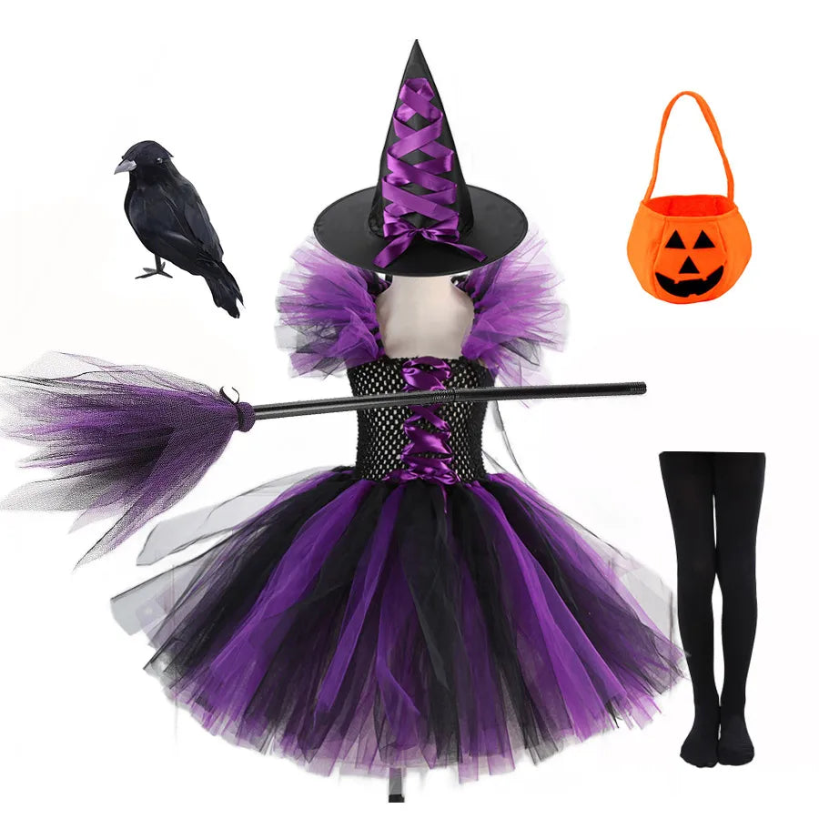 2 Pieces Witch Tutu Dress with Hat Girls All Saint's Day Bruja Wizard Costume Role Play Toddler Halloween Party Fairy Witch Gown