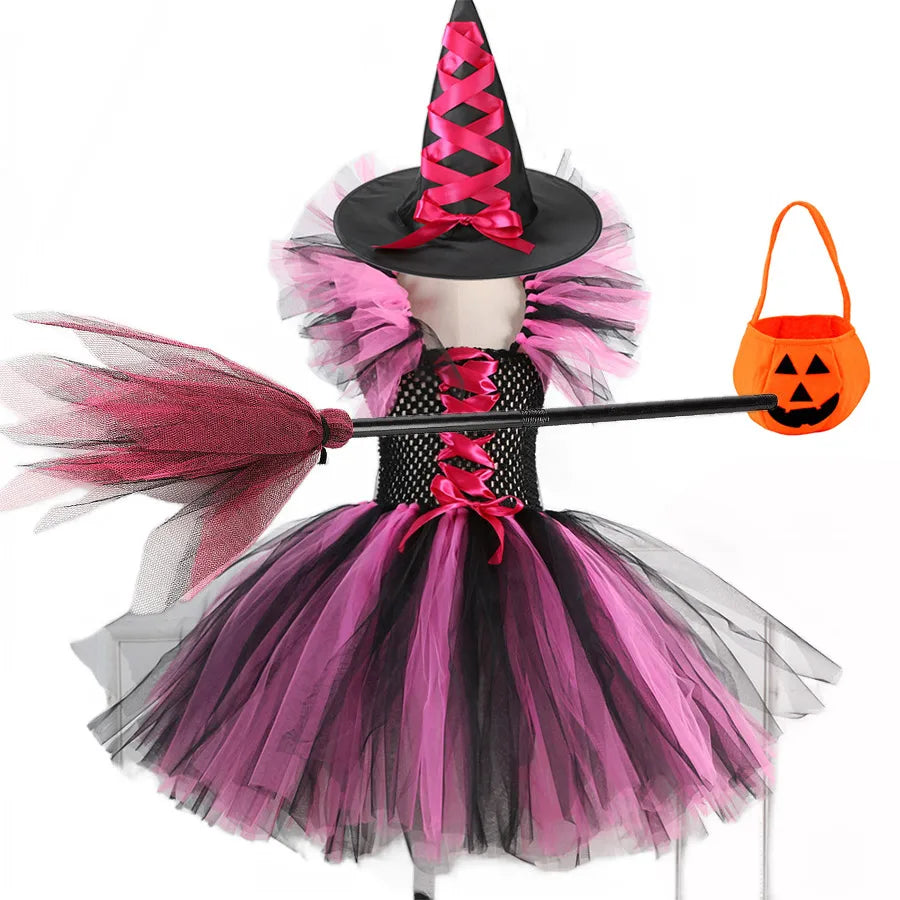 2 Pieces Witch Tutu Dress with Hat Girls All Saint's Day Bruja Wizard Costume Role Play Toddler Halloween Party Fairy Witch Gown