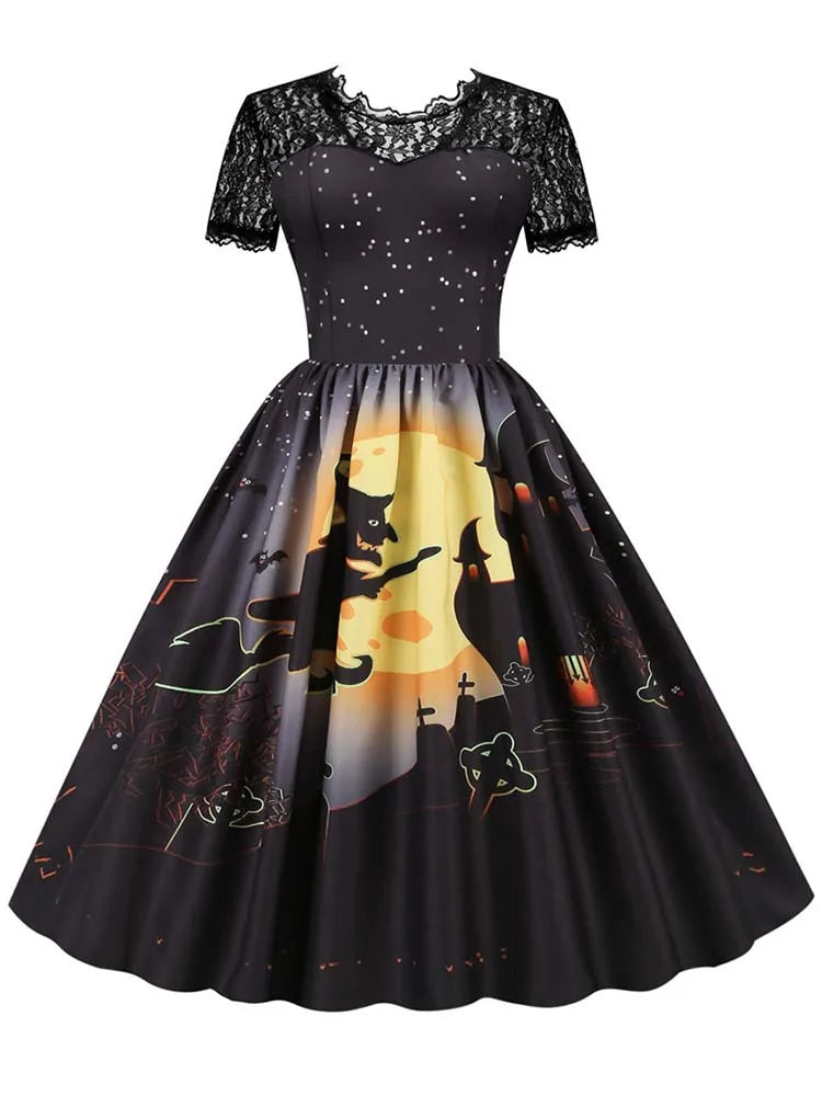 Women's Vintage Lace Halloween Dress Short Sleeve Elegant Evening Prom Costume 50s 60s Party Vintage Style