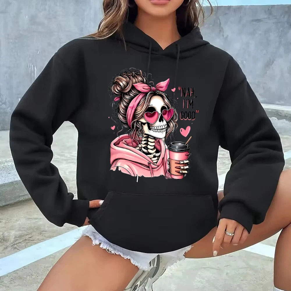 Hoodie Halloween Skull Portrait Skeleton Graphic Print Long Sleeve Sweatshirt Clothing Vintage 2000s Hoody Autumn Winter