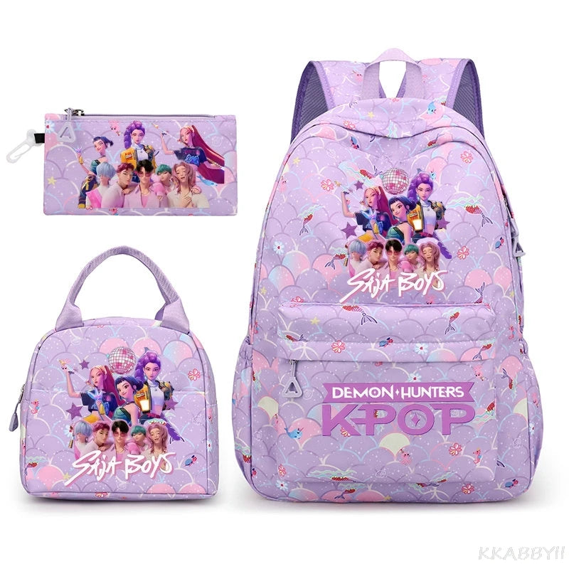 Fashion KPop Demon Hunters Backpacks 3pcs Rumi Mira Zoey HUNTR/ Boys School Bags For Women Girls Kawaii Capacity Mochilas