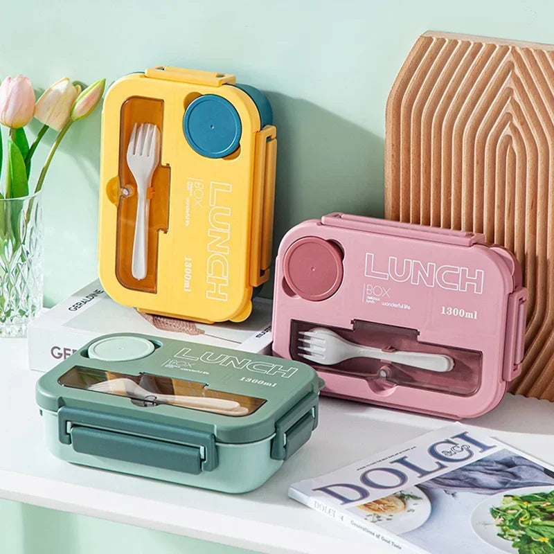 1300ML Bento Lunch Box with Fork & Spoon | Leak-Proof 4-Compartment