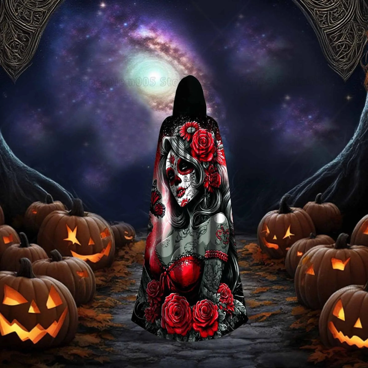 1pc Vintage Style Polyester Hooded Cloak with Sugar Skull, Red Roses & Floral Print - Halloween Costume for Adults Witch