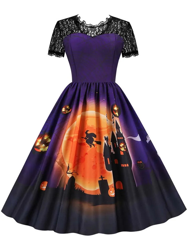 Women's Vintage Lace Halloween Dress Short Sleeve Elegant Evening Prom Costume 50s 60s Party Vintage Style