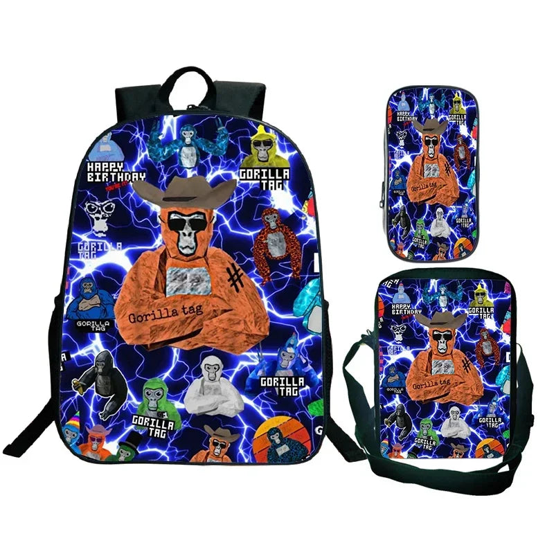 Gorilla Tag Backpack 3pc Set | Boys Cartoon School Bag with Shoulder Bag & Pencil Case