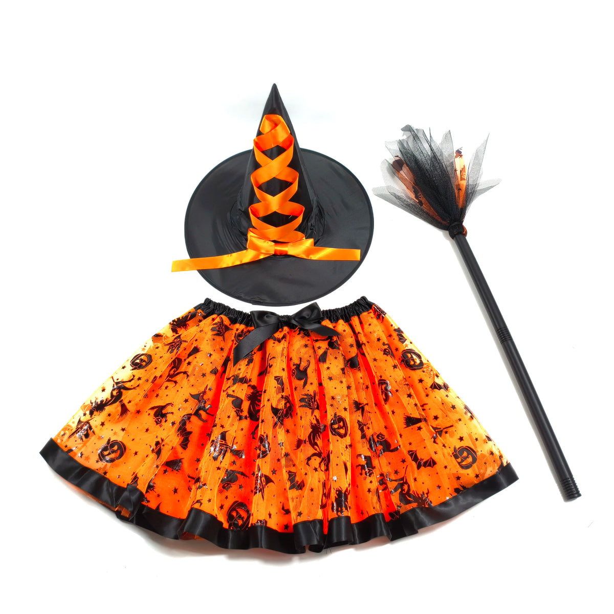 Halloween Adults Witch Costume Set Tulle Skirt Hat and Broom Complete Your Witch Look a Black Witch Hat and a Spooky Broom