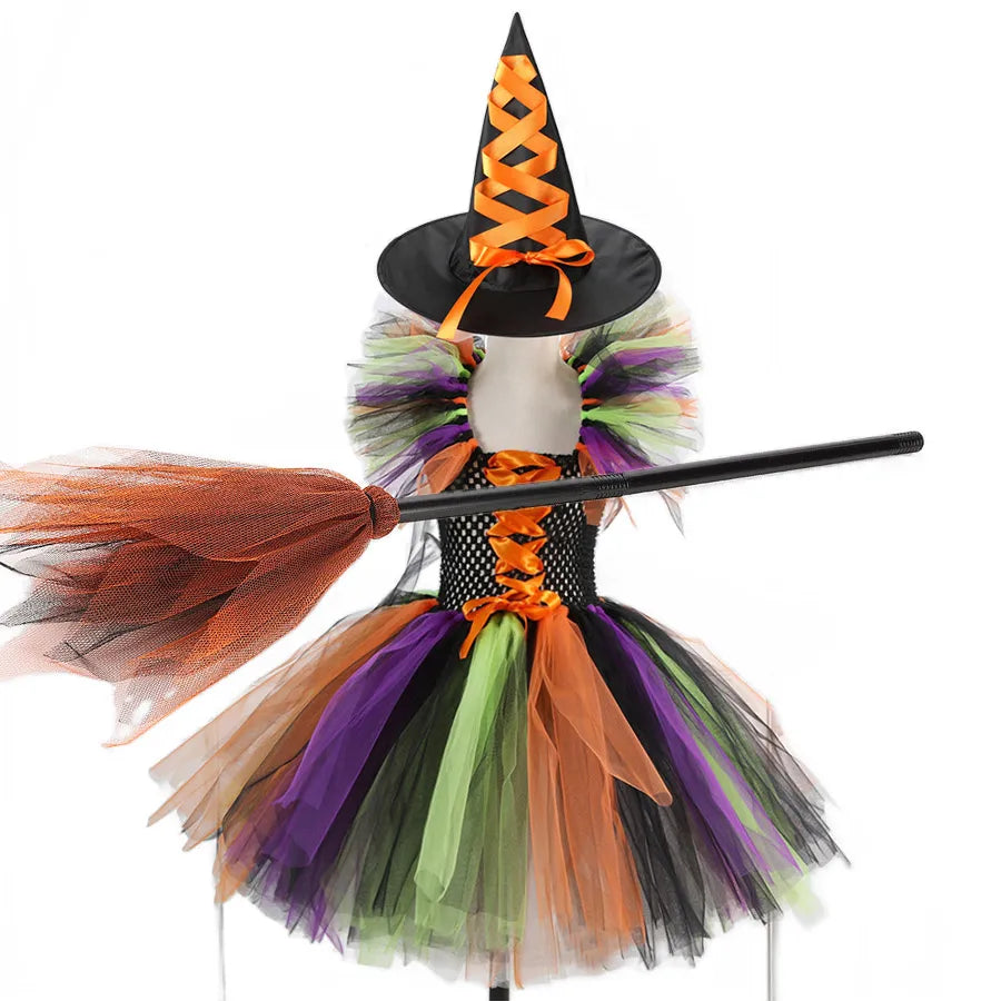 2 Pieces Witch Tutu Dress with Hat Girls All Saint's Day Bruja Wizard Costume Role Play Toddler Halloween Party Fairy Witch Gown