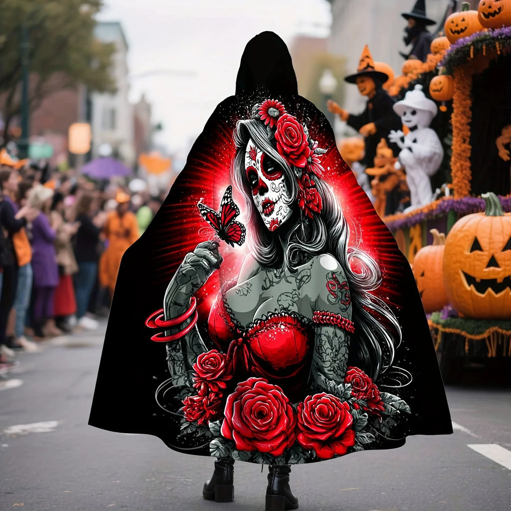 1pc Vintage Style Polyester Hooded Cloak with Sugar Skull, Red Roses & Floral Print - Halloween Costume for Adults Witch