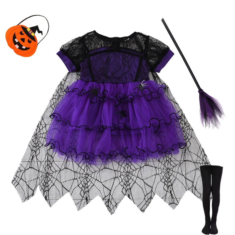 2-7Y Halloween Witch Cosplay Party Dress Cute Spider Mesh Cape Clothes Halloween Costumes for Baby Carnival Party Gifts
