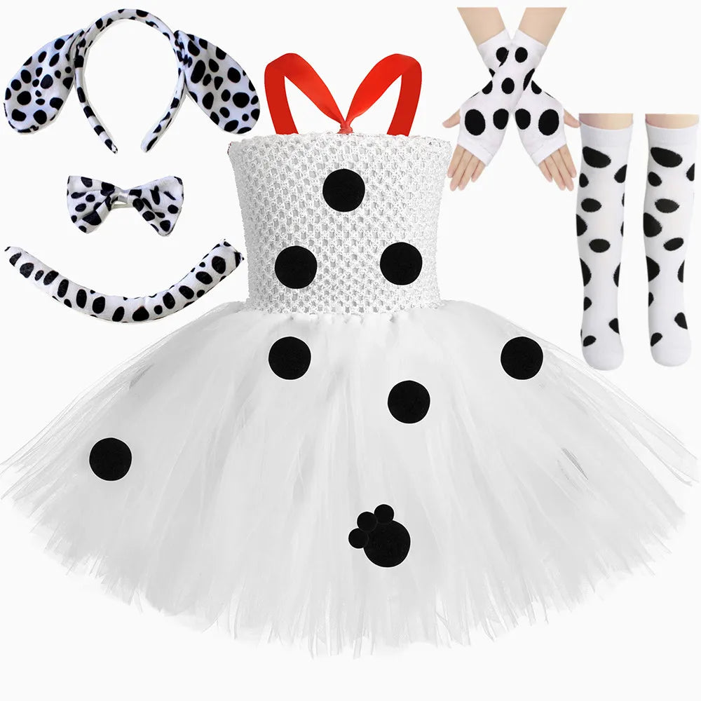 Toddler Girls Dalmatian Dog Costume Polka Dot Spotted Puppy Tutu Dress 101 Dalmatians Costume for Kids Halloween Party Dress Up