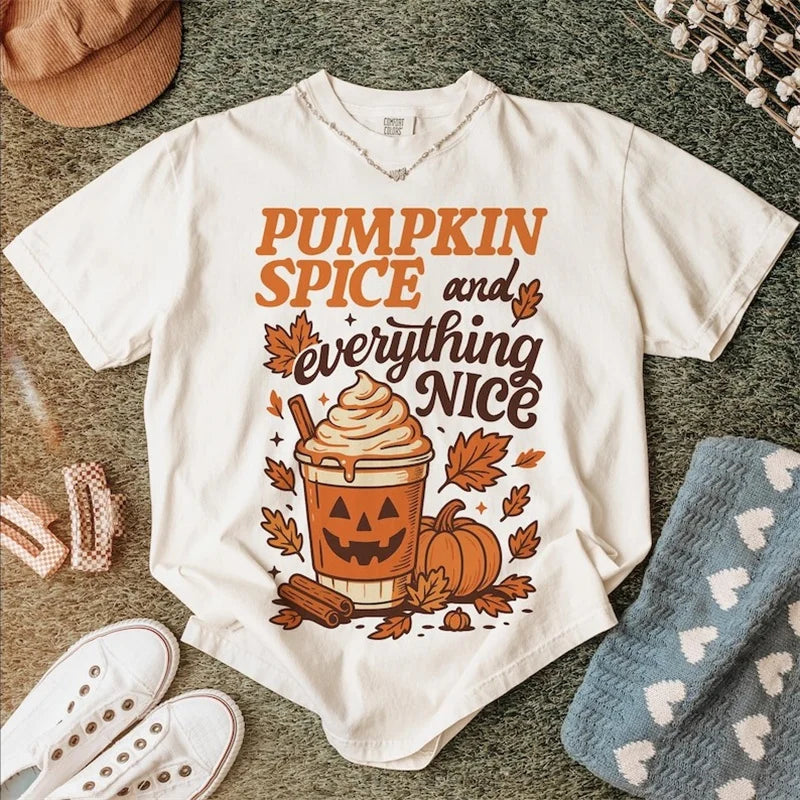Pumpkin Spice Everything Nice Graphic Print Women's T-Shirt Top Short Sleeve Halloween Party Women's Trendy Regular T-Shirt