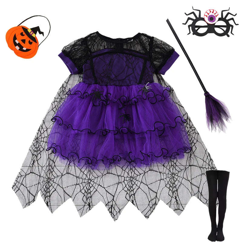 2-7Y Halloween Witch Cosplay Party Dress Cute Spider Mesh Cape Clothes Halloween Costumes for Baby Carnival Party Gifts