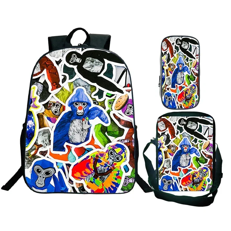 Gorilla Tag Backpack 3pc Set | Boys Cartoon School Bag with Shoulder Bag & Pencil Case