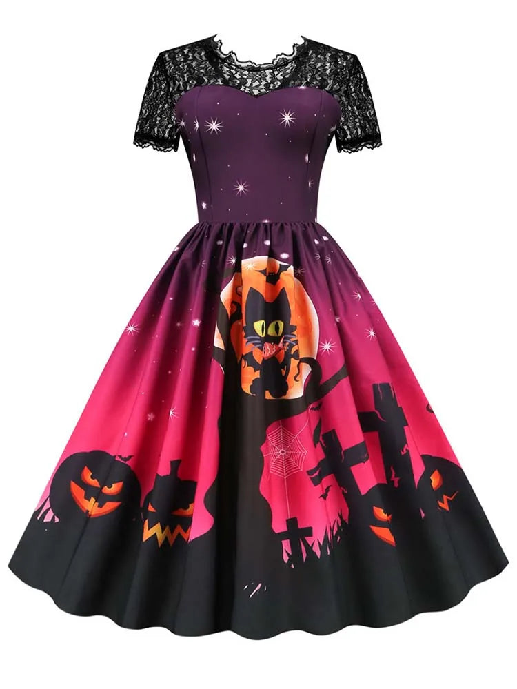 Women's Vintage Lace Halloween Dress Short Sleeve Elegant Evening Prom Costume 50s 60s Party Vintage Style