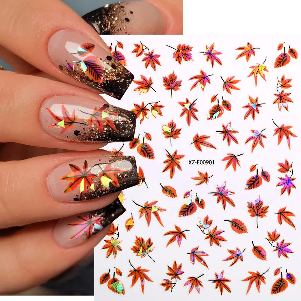 6/12Pcs 3D Halloween Maple Leaf Pumpkin Nail Stickers Ginkgo Leaves Fox Adhesive Decals Thanksgiving Autumn Manicure Decorations