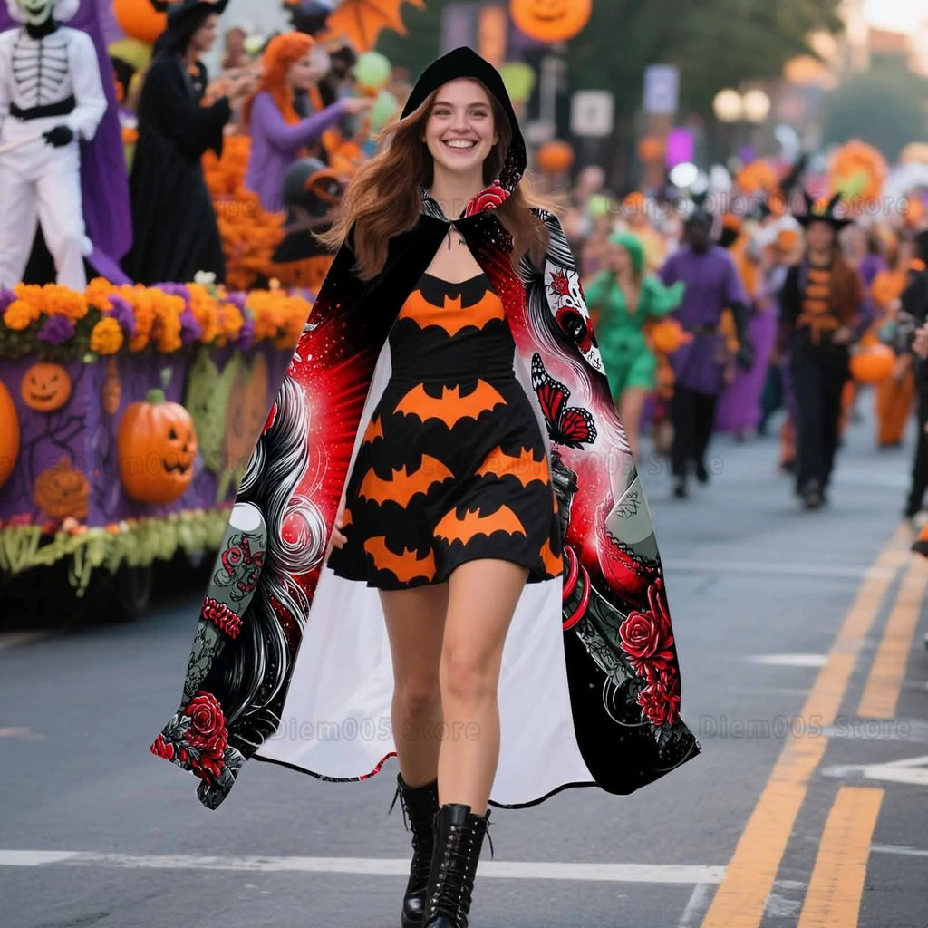 1pc Vintage Style Polyester Hooded Cloak with Sugar Skull, Red Roses & Floral Print - Halloween Costume for Adults Witch