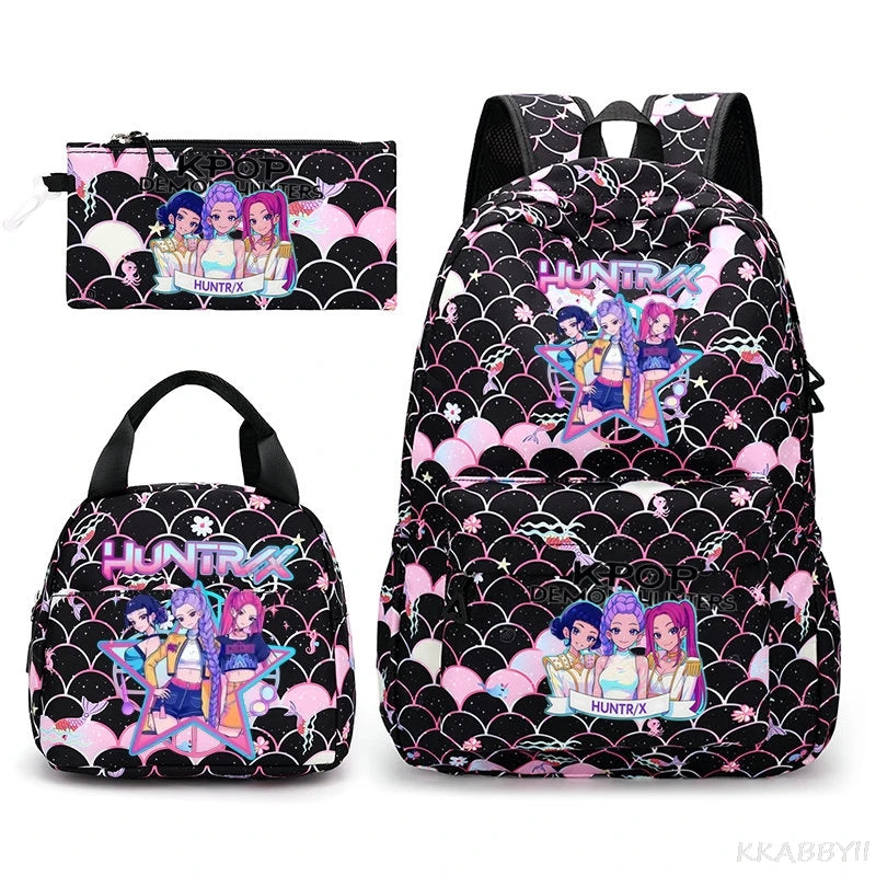 Fashion KPop Demon Hunters Backpacks 3pcs Rumi Mira Zoey HUNTR/ Boys School Bags For Women Girls Kawaii Capacity Mochilas