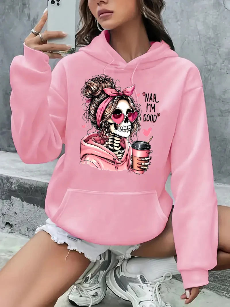 Hoodie Halloween Skull Portrait Skeleton Graphic Print Long Sleeve Sweatshirt Clothing Vintage 2000s Hoody Autumn Winter