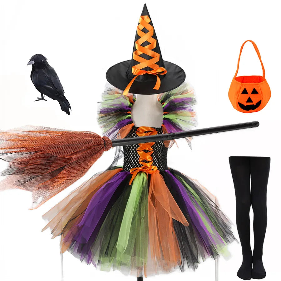 2 Pieces Witch Tutu Dress with Hat Girls All Saint's Day Bruja Wizard Costume Role Play Toddler Halloween Party Fairy Witch Gown
