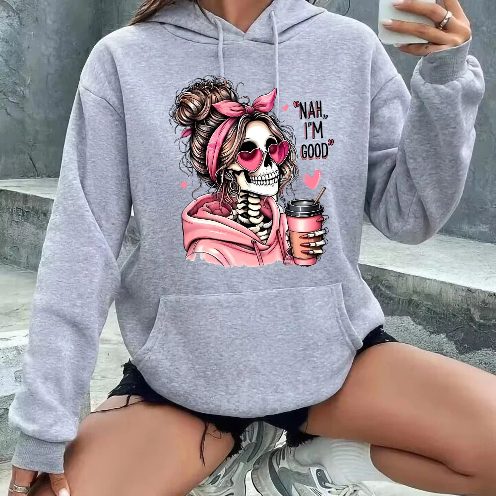 Hoodie Halloween Skull Portrait Skeleton Graphic Print Long Sleeve Sweatshirt Clothing Vintage 2000s Hoody Autumn Winter